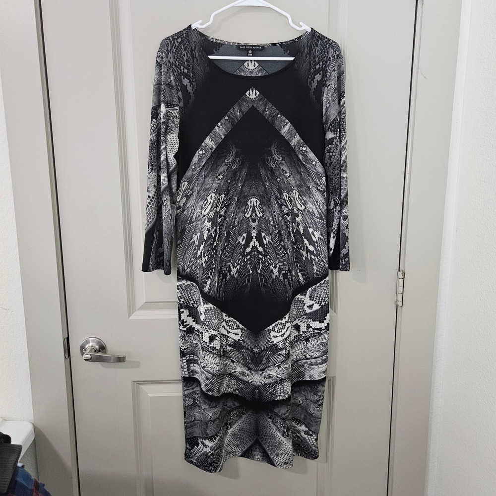 Saks Fifth Avenue Womens Gray Snakeskin Print Sheath Dress L 3/4 Sleeve Midi